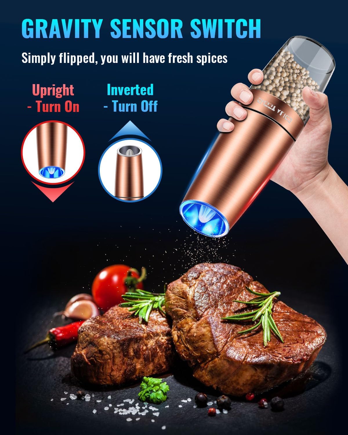 Gravity Electric Pepper and Salt Grinder Set, Adjustable Coarseness, Battery Powered with LED Light, One Hand Automatic Operation, Stainless Steel Copper, 2 Pack Gravity Electric Pepper and Salt Grinder Set, Adjustable Coarseness, Battery Powered with LED Light, One Hand Automatic Operation, Stainless Steel Copper, 2 Pack