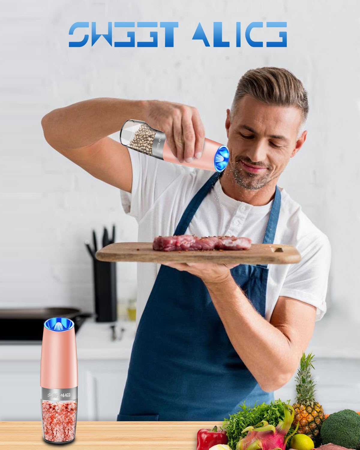 Gravity Electric Pepper and Salt Grinder Set, Adjustable Coarseness, Battery Powered with LED Light, One Hand Automatic Operation, Stainless Steel Copper, 2 Pack Gravity Electric Pepper and Salt Grinder Set, Adjustable Coarseness, Battery Powered with LED Light, One Hand Automatic Operation, Stainless Steel Copper, 2 Pack