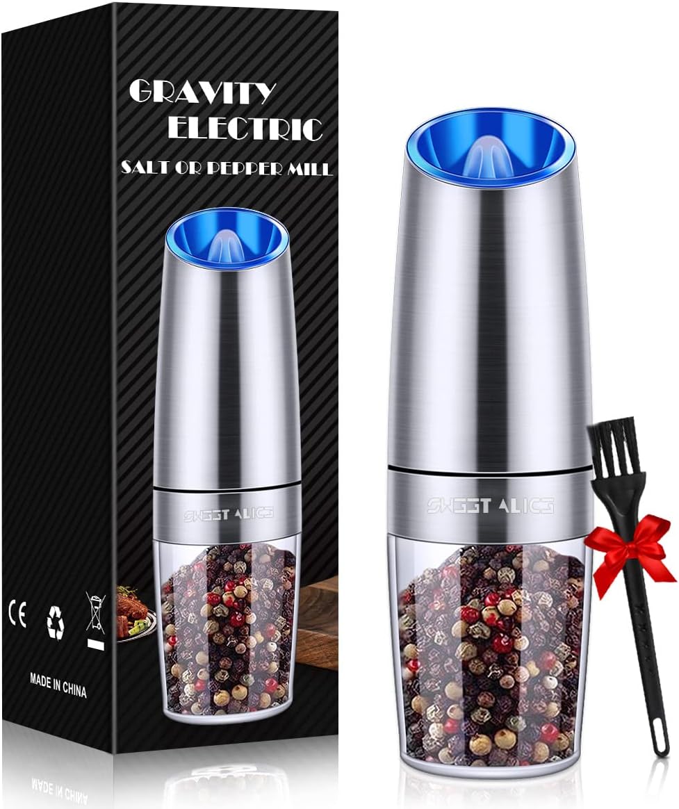 Gravity Electric Pepper and Salt Grinder Set, Adjustable Coarseness, Battery Powered with LED Light, One Hand Automatic Operation, Stainless Steel Copper, 2 Pack Gravity Electric Pepper and Salt Grinder Set, Adjustable Coarseness, Battery Powered with LED Light, One Hand Automatic Operation, Stainless Steel Copper, 2 Pack