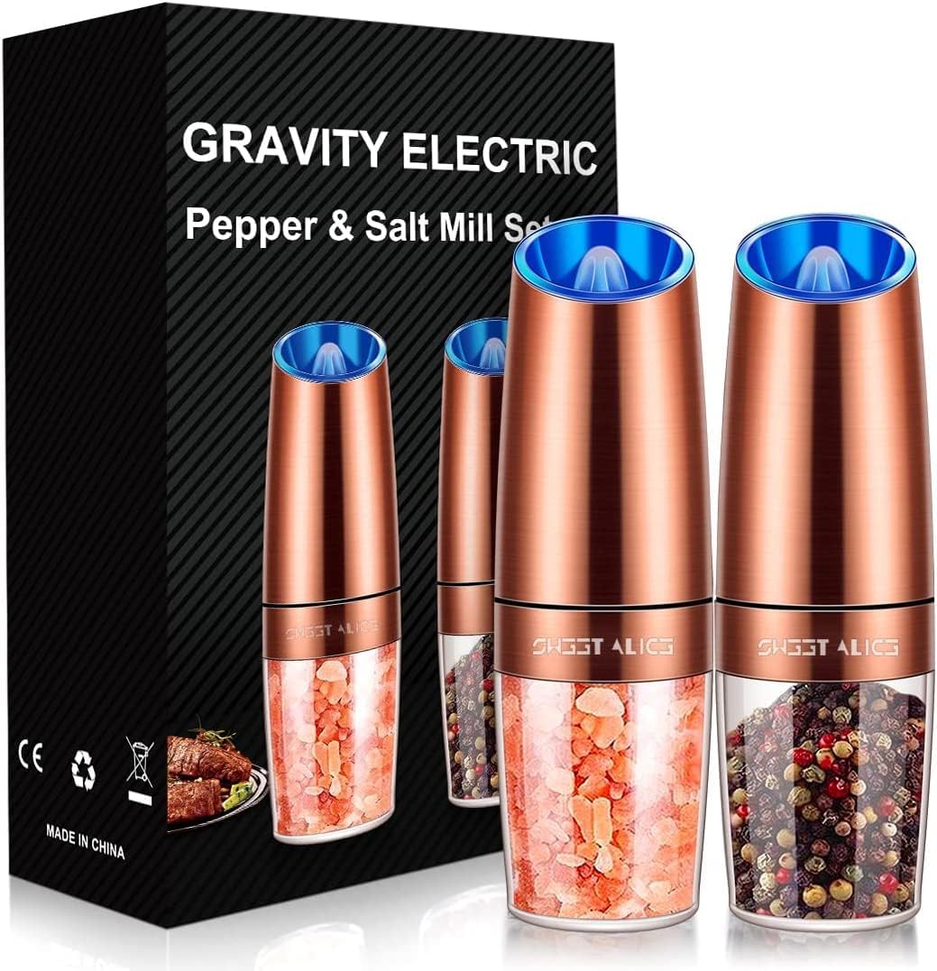 Gravity Electric Pepper and Salt Grinder Set, Adjustable Coarseness, Battery Powered with LED Light, One Hand Automatic Operation, Stainless Steel Copper, 2 Pack Gravity Electric Pepper and Salt Grinder Set, Adjustable Coarseness, Battery Powered with LED Light, One Hand Automatic Operation, Stainless Steel Copper, 2 Pack