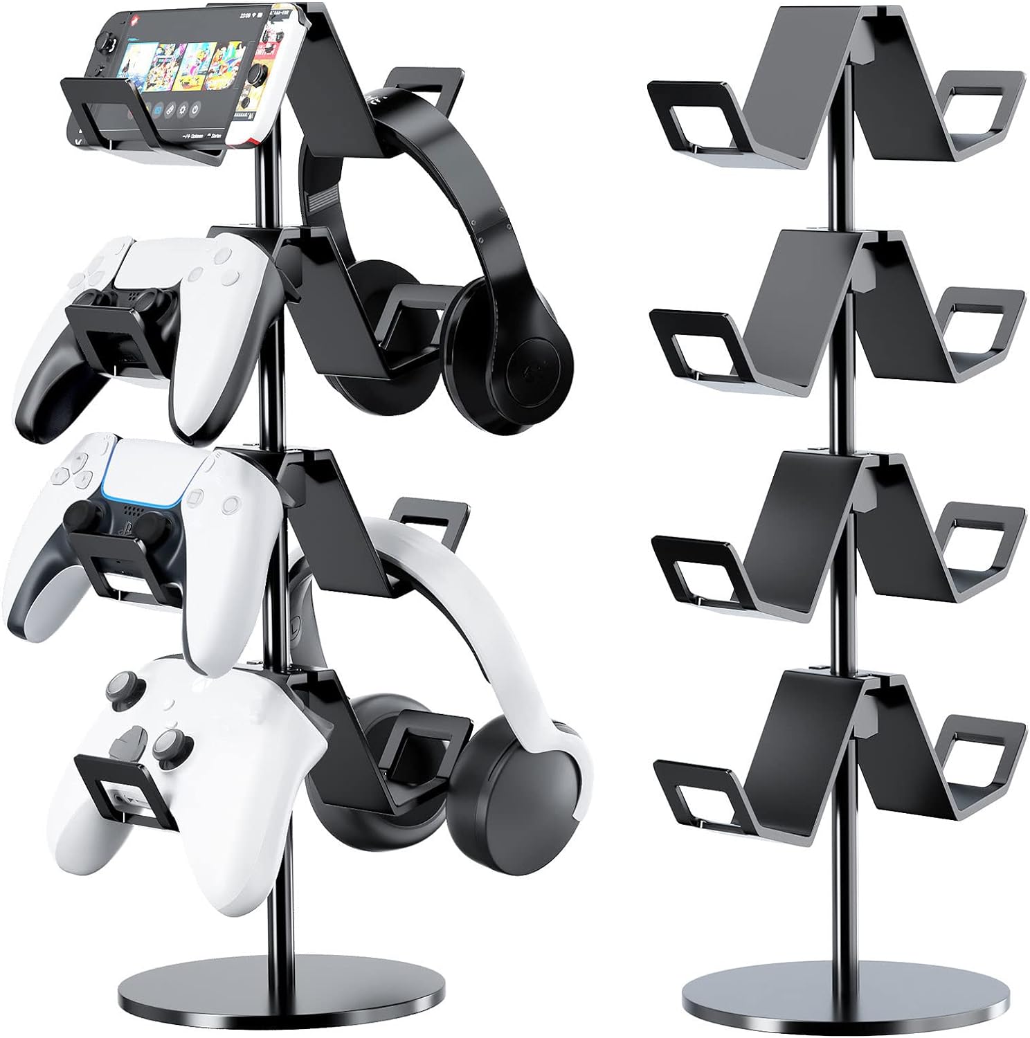 Karanava Controller Holder 4 Tier,Headphone Stand - Adjustable Controller Stand for Xbox PS5 PS4 Switch Pro - Gaming Controller Headset Holder for Universal Gaming Accessories,Desk/Floor(Black)