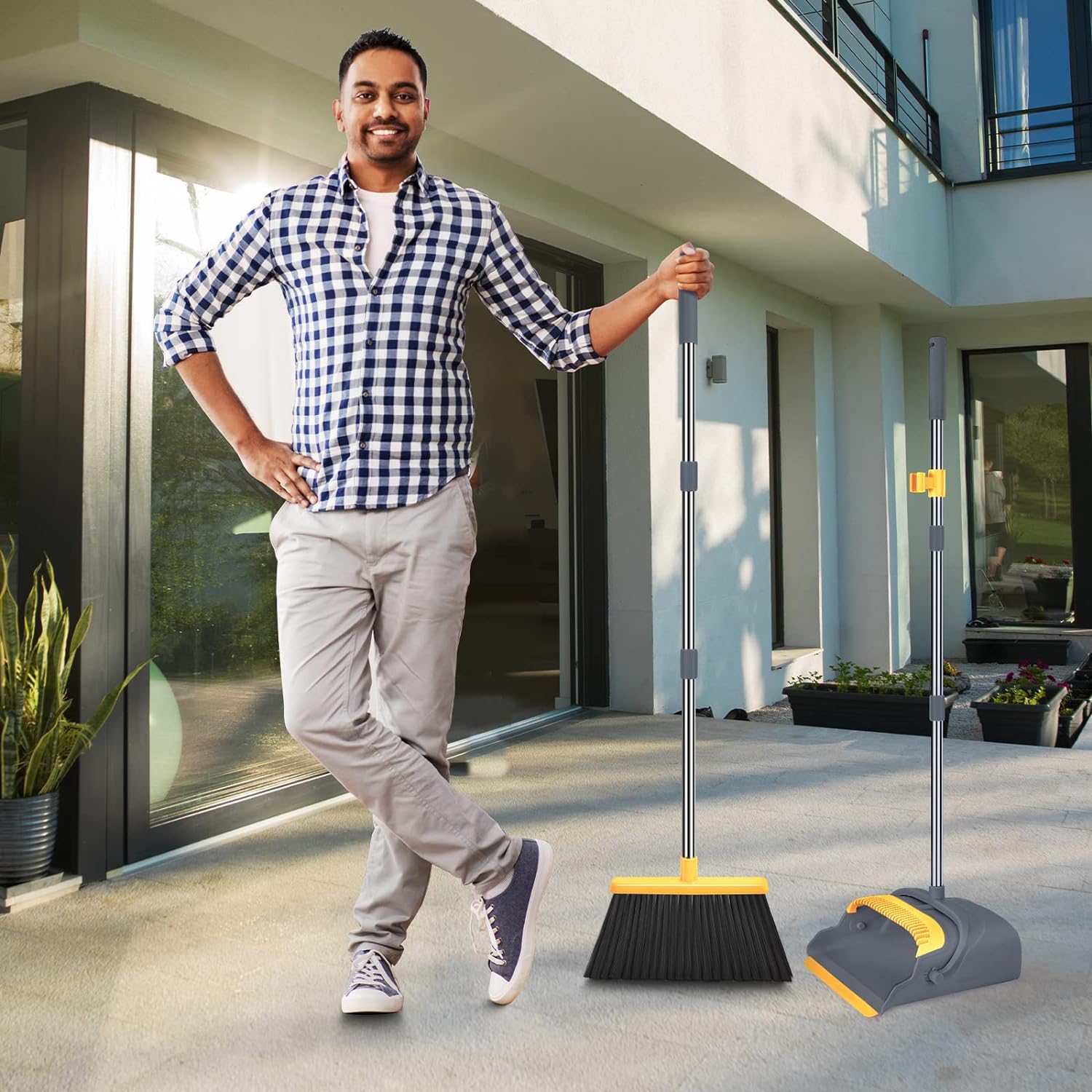 kelamayi Upgrade Broom and Dustpan Set, Self-Cleaning with Dustpan Teeth, IndoorOutdoor Sweeping, Ideal for Dog Cat Pets Home Use, Stand Up Broom and Dustpan (GrayOrange)
