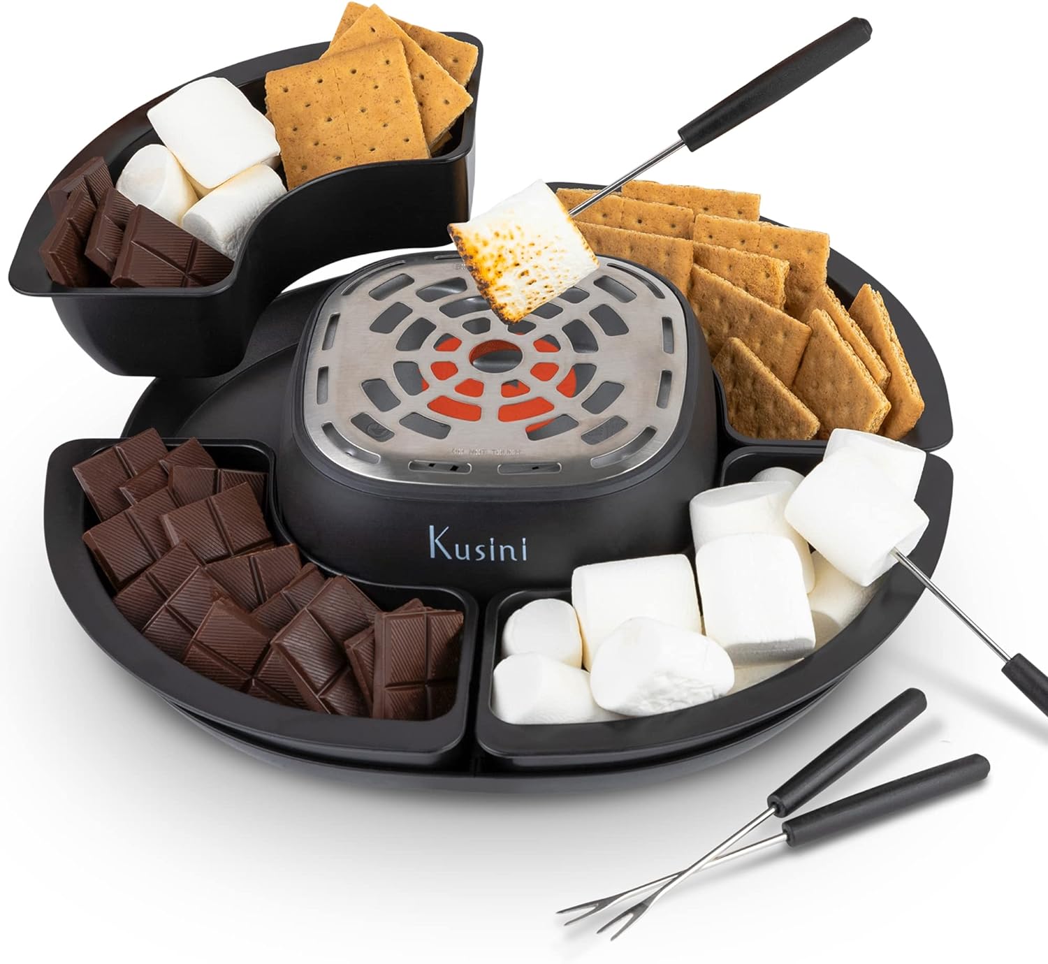 Kusini Smores Maker Tabletop Indoor - Flameless Electric Marshmallow Roaster – 4 Detachable Trays 4 Roasting Forks – Gift Set Date Night Idea. Movie Night Supplies Housewarming Gift