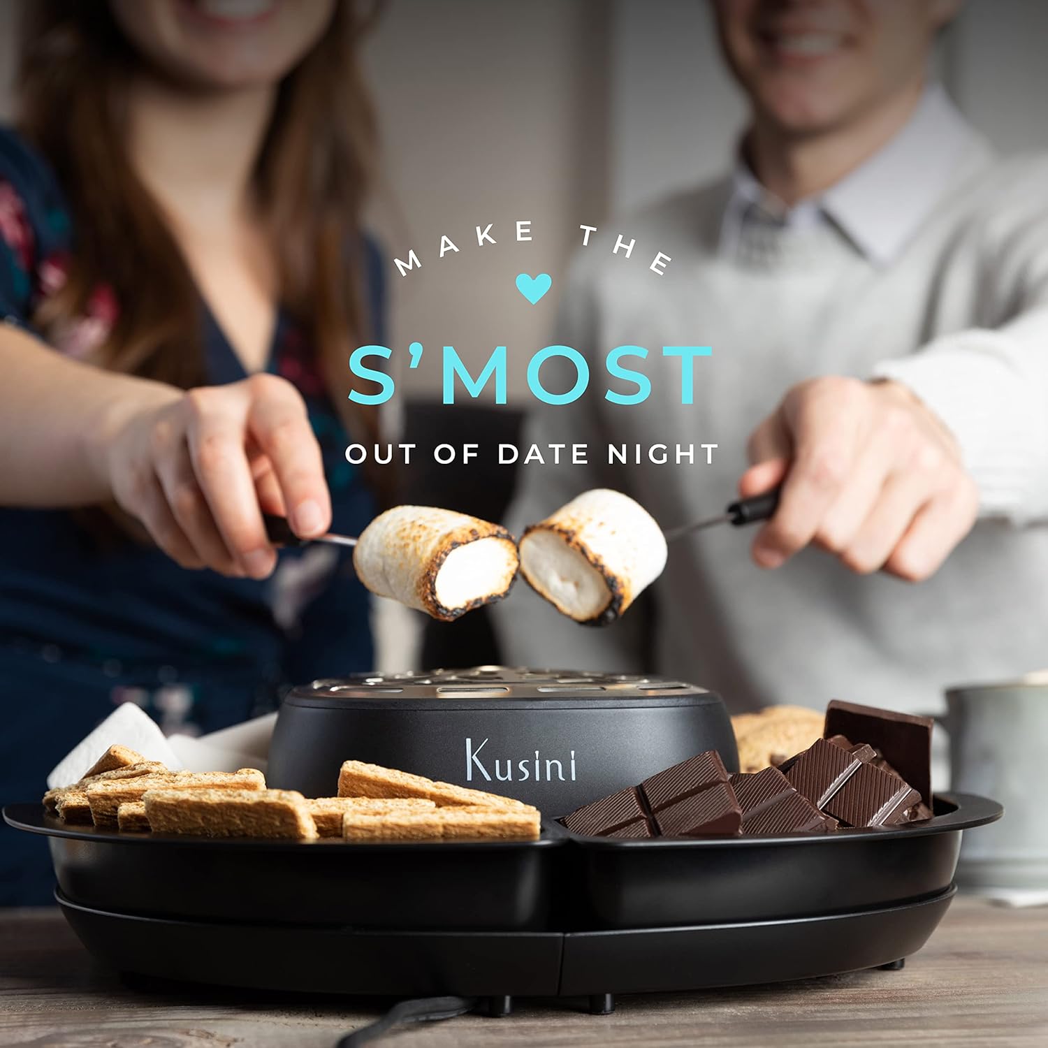 Kusini Smores Maker Tabletop Indoor - Flameless Electric Marshmallow Roaster – 4 Detachable Trays 4 Roasting Forks – Gift Set Date Night Idea. Movie Night Supplies Housewarming Gift