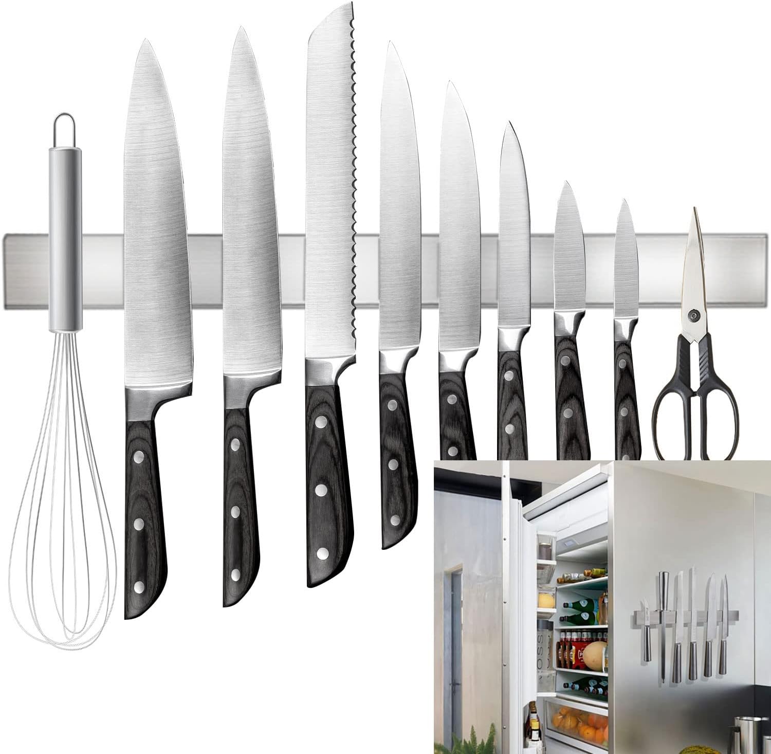 Magnetic Knife Holder for Refrigerator, 17 Double-Sided Knife Magnetic Strip, Premium SUS304 Stainless Steel Magnetic Knife Holder for Wall, Can be Used as Knife Rack, Tool Holder, and More