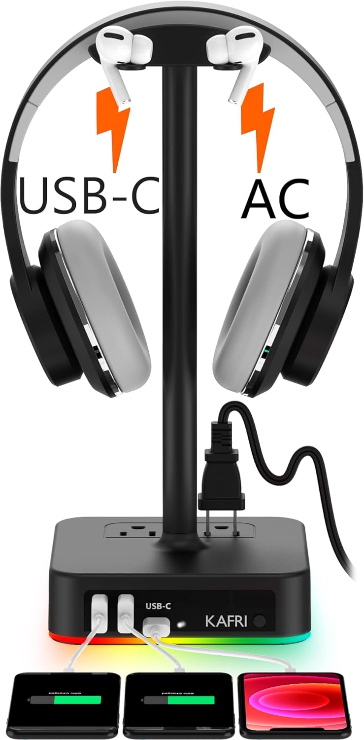 RGB Headphone Stand with USB AC Charger Desk Gaming Headset Holder Hanger Rack with 3 USB Charging Port and 2 Outlet - Suitable for Gamer Desktop Table Game Earphone Accessories Boyfriend Gifts