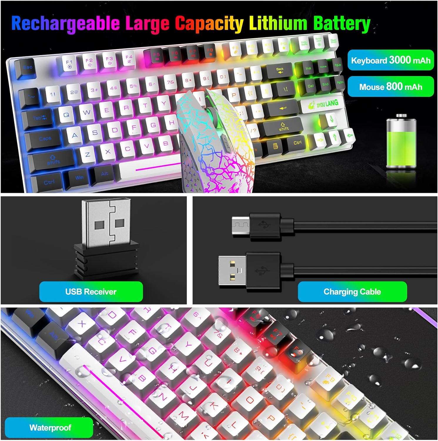 Wireless Gaming Keyboard and Mouse Combo with 87 Key Rainbow LED Backlight Rechargeable 3800mAh Battery Mechanical Feel Anti-ghosting Ergonomic Waterproof RGB Mute Mice for Computer PC Gamer (Black)