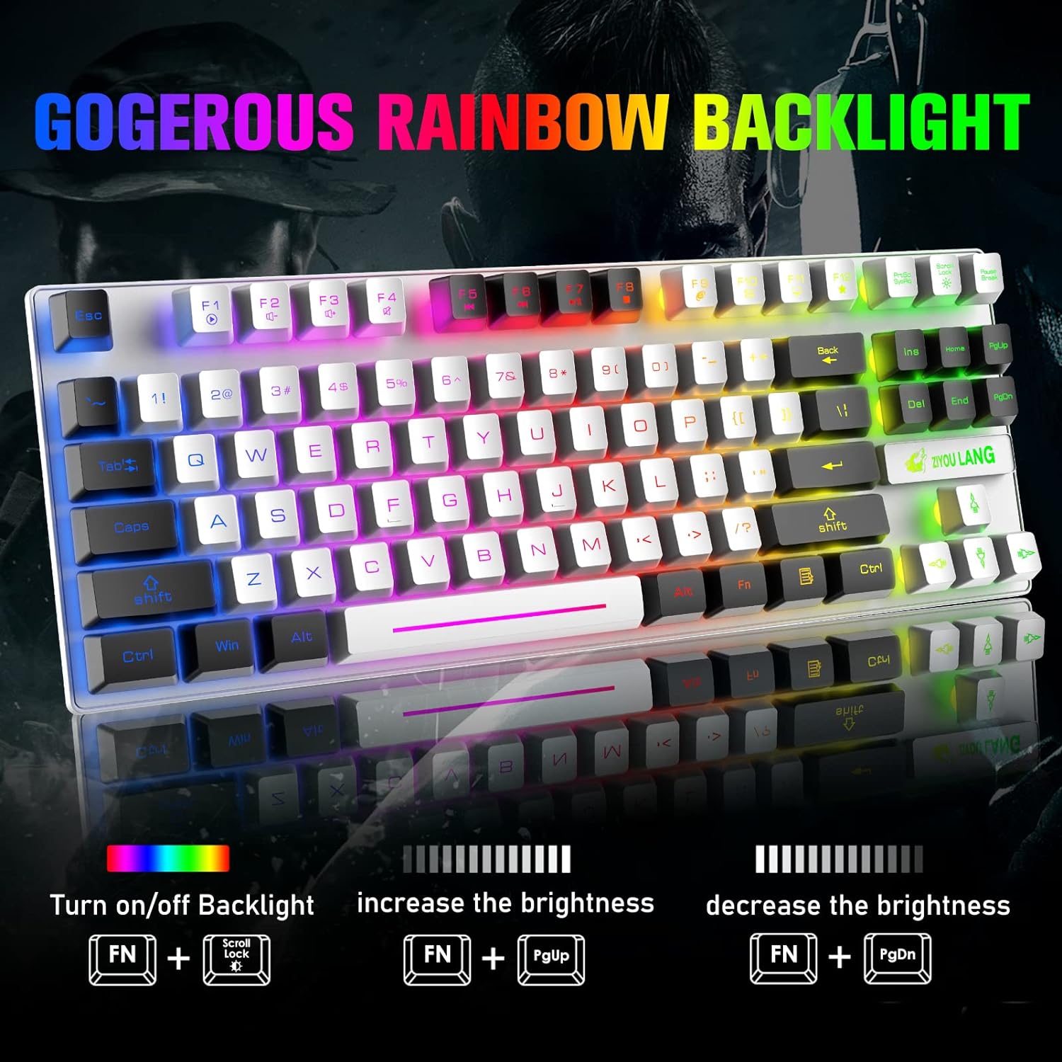 Wireless Gaming Keyboard and Mouse Combo with 87 Key Rainbow LED Backlight Rechargeable 3800mAh Battery Mechanical Feel Anti-ghosting Ergonomic Waterproof RGB Mute Mice for Computer PC Gamer (Black)