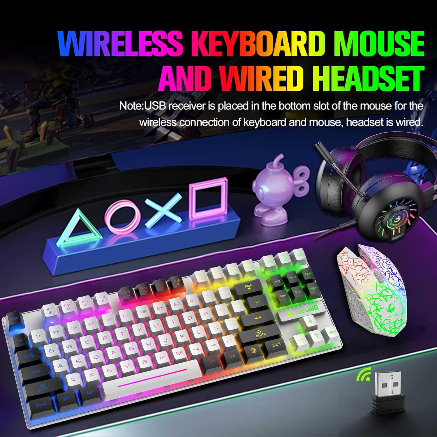 Wireless Gaming Keyboard and Mouse Combo with 87 Key Rainbow LED Backlight Rechargeable 3800mAh Battery Mechanical Feel Anti-ghosting Ergonomic Waterproof RGB Mute Mice for Computer PC Gamer (Black)