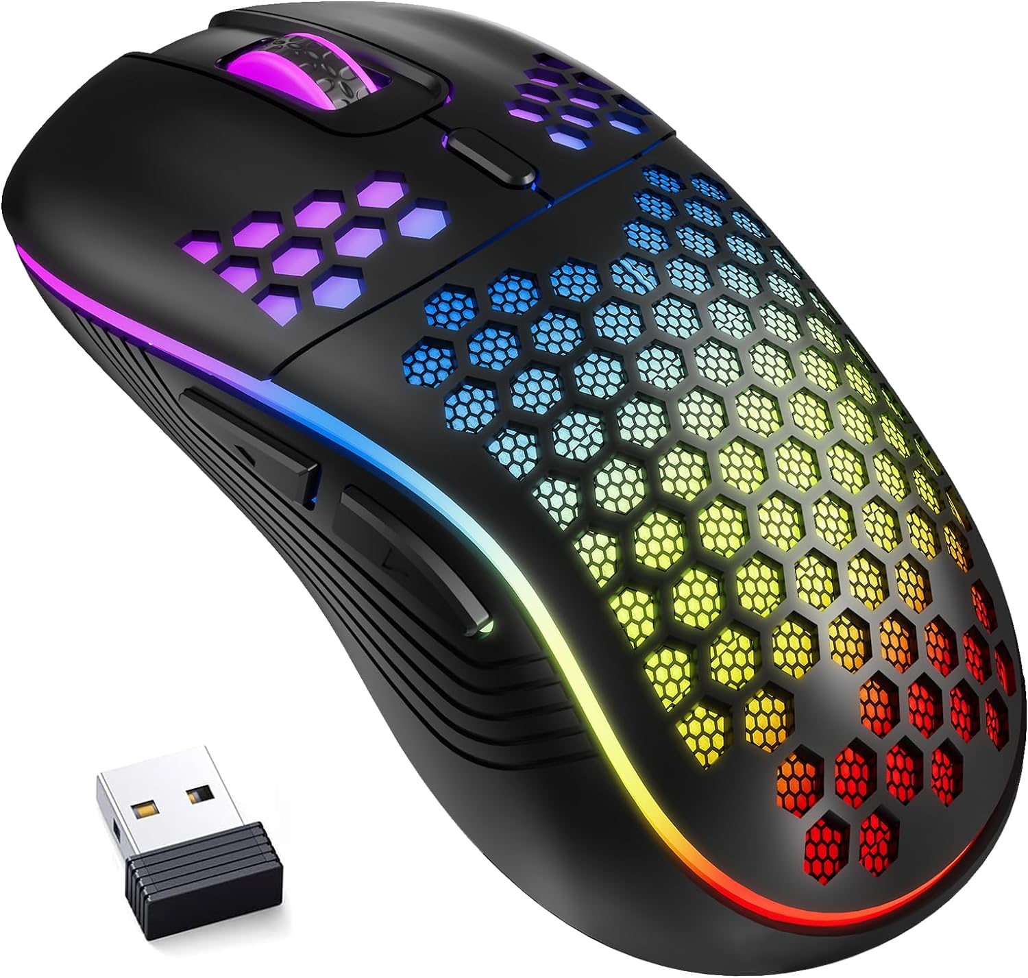 Wireless Gaming Mouse Honeycomb 2.4G USB Cordless Mouse RGB Rechargeable PC Game Mice with 7-Color LED Lights，3 Adjustable DPI for Windows Laptop Desktop Computers -White