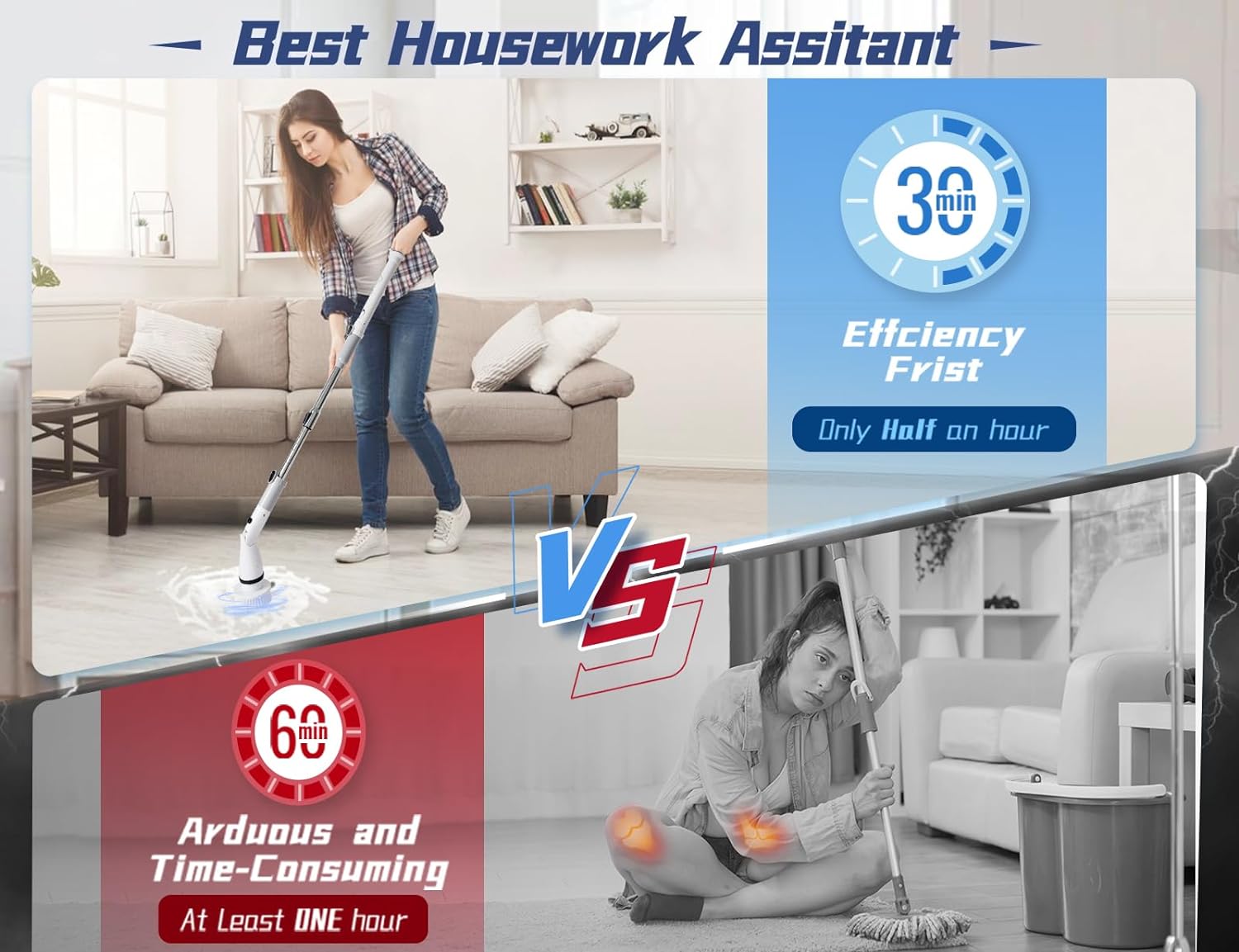 ZaklnLife Electric Spin Scrubber, Cordless Cleaning Brush with Adjustable Extension Arm 4 Replaceable Cleaning Heads, 4000mAh Rechargeable Battery Power Scrubber for Bathroom, Tub, Tile, Floor