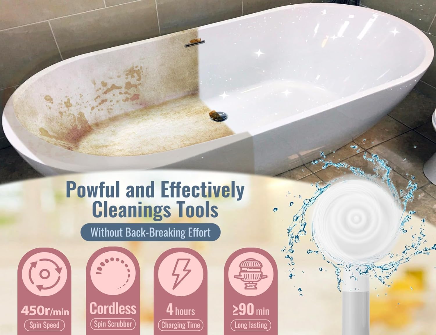 ZaklnLife Electric Spin Scrubber, Cordless Cleaning Brush with Adjustable Extension Arm 4 Replaceable Cleaning Heads, 4000mAh Rechargeable Battery Power Scrubber for Bathroom, Tub, Tile, Floor