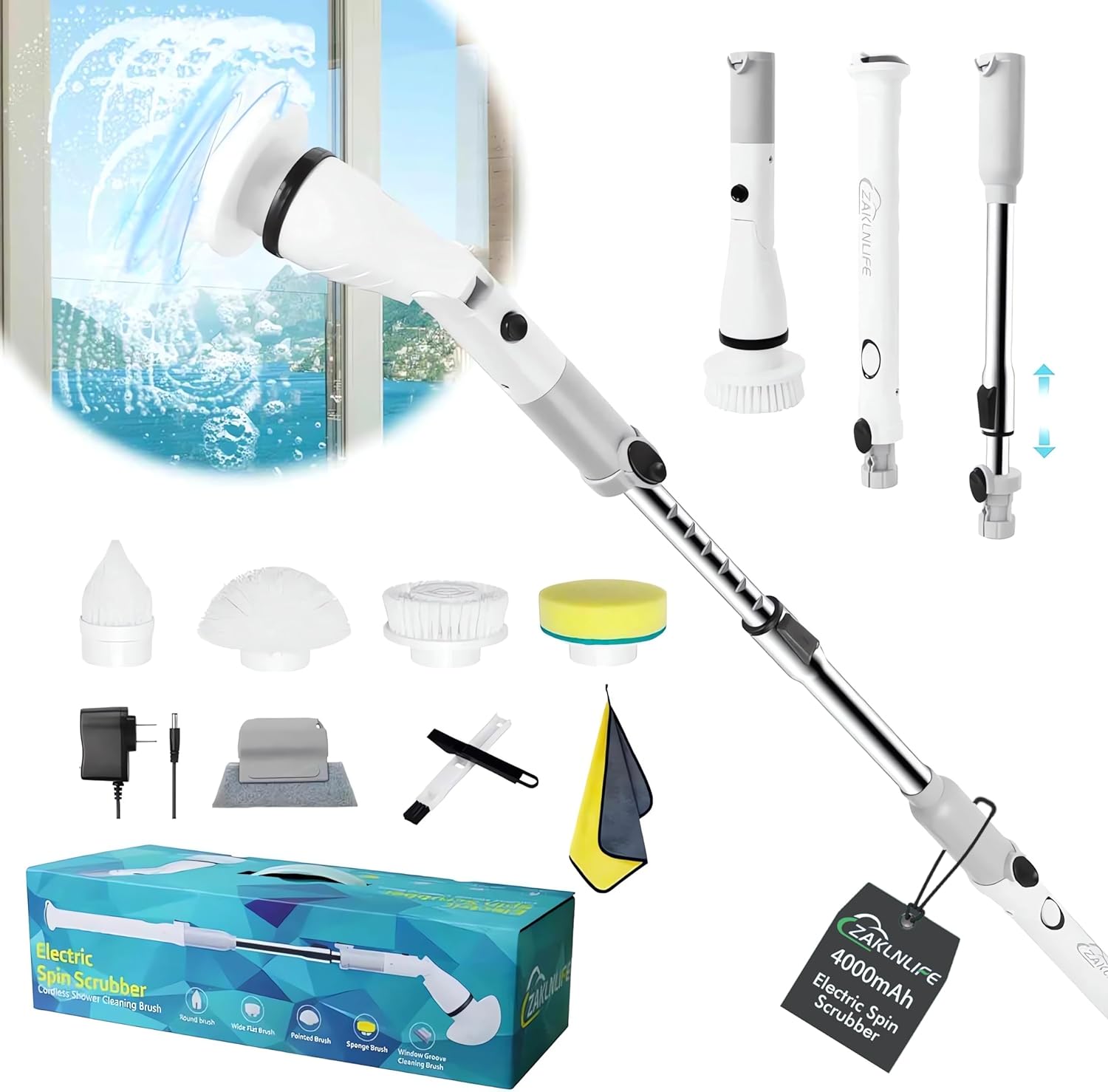 ZaklnLife Electric Spin Scrubber, Cordless Cleaning Brush with Adjustable Extension Arm 4 Replaceable Cleaning Heads, 4000mAh Rechargeable Battery Power Scrubber for Bathroom, Tub, Tile, Floor